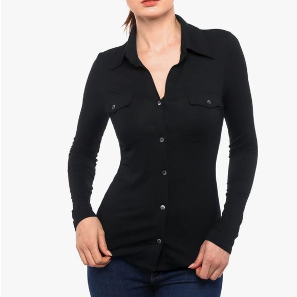 AmélieBoutik Women's Collared Button Up L/S Blouse/Top Size S - Black NWT - Picture 1 of 5